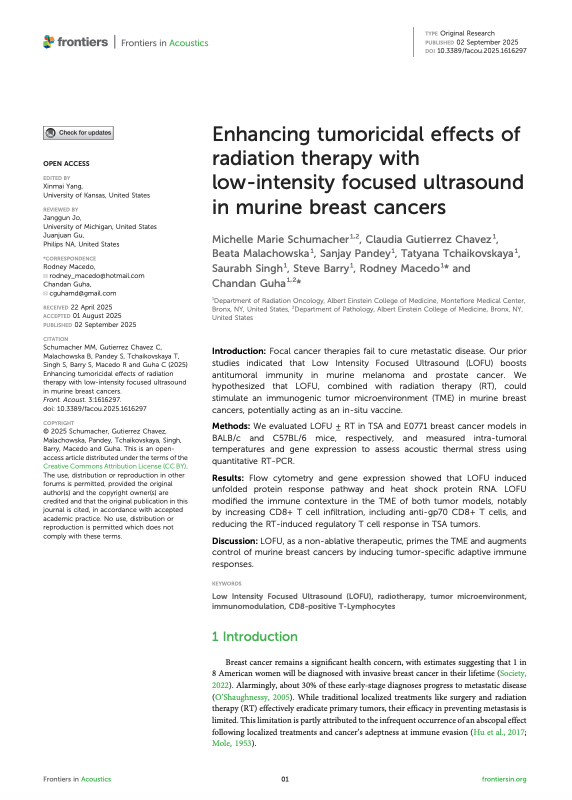 Enhancing tumoricidal effects of radiation therapy with low-intensity focused ultrasound in murine breast cancers